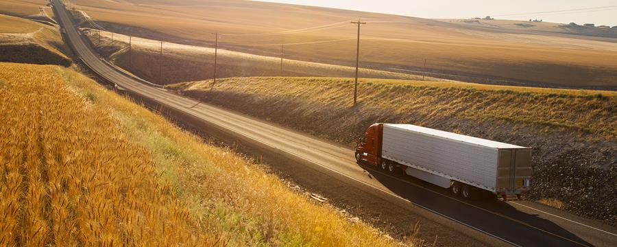 Truck driving along a remote road.