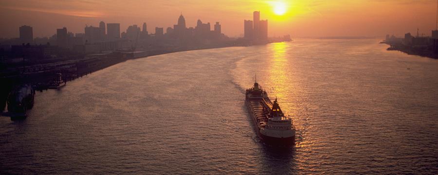 Freighter in Detroit at sunrise.