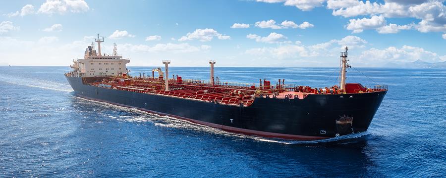A crude oil tanker sailing across the ocean