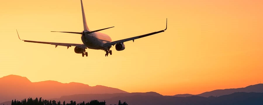 Airplane landing at sunset