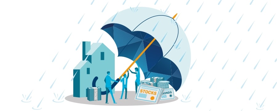 An infographic of a group of people holding an umbrella over investments