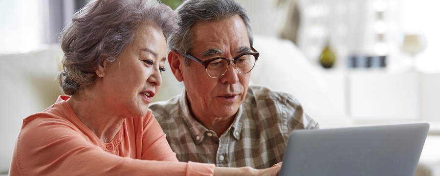 Senior couple analyzing finances on laptop